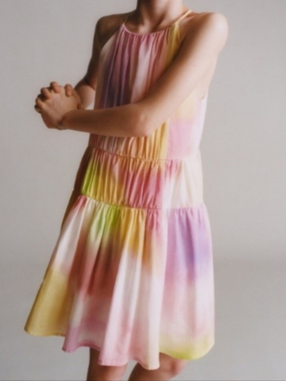 Zara Pastel Multi Tie-Dye High Neck Tiered Girls Summer Dress 13/14